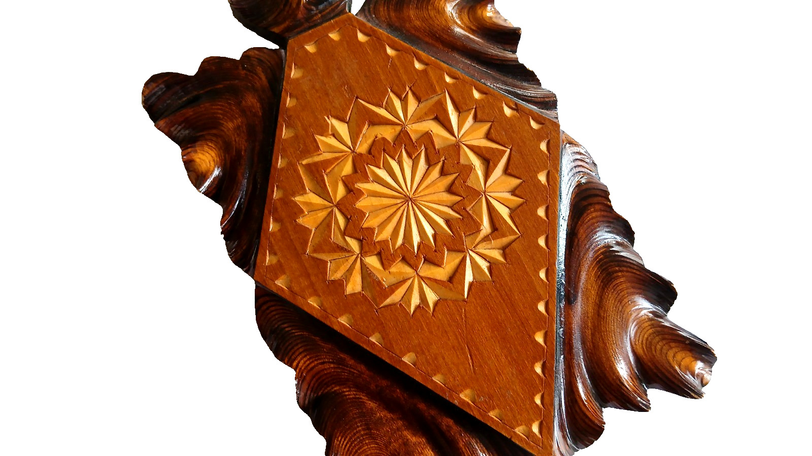 Chip Carved Solid Wood Stained Wall Plaque Folk Art Geometric Inlay Pattern 12″