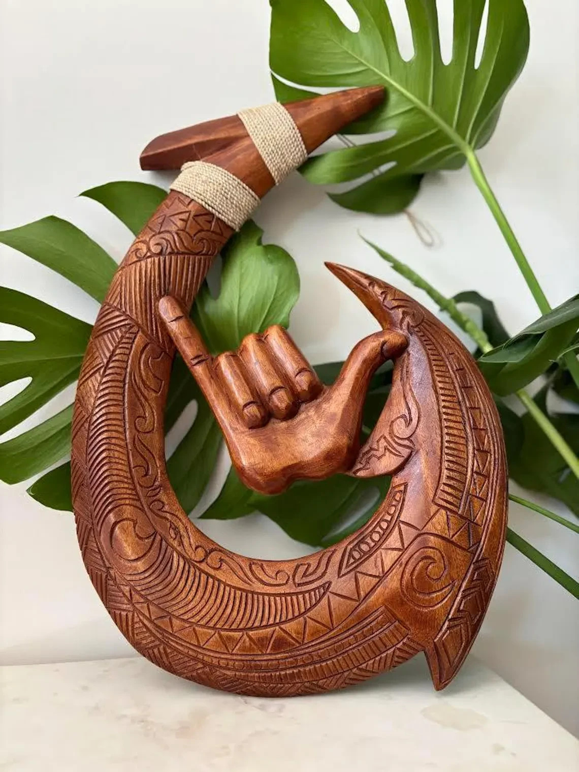 Hawaii Decor HandMade Solid Wood 19.5″ Carved Fish Hook With Engraved Hang Loose