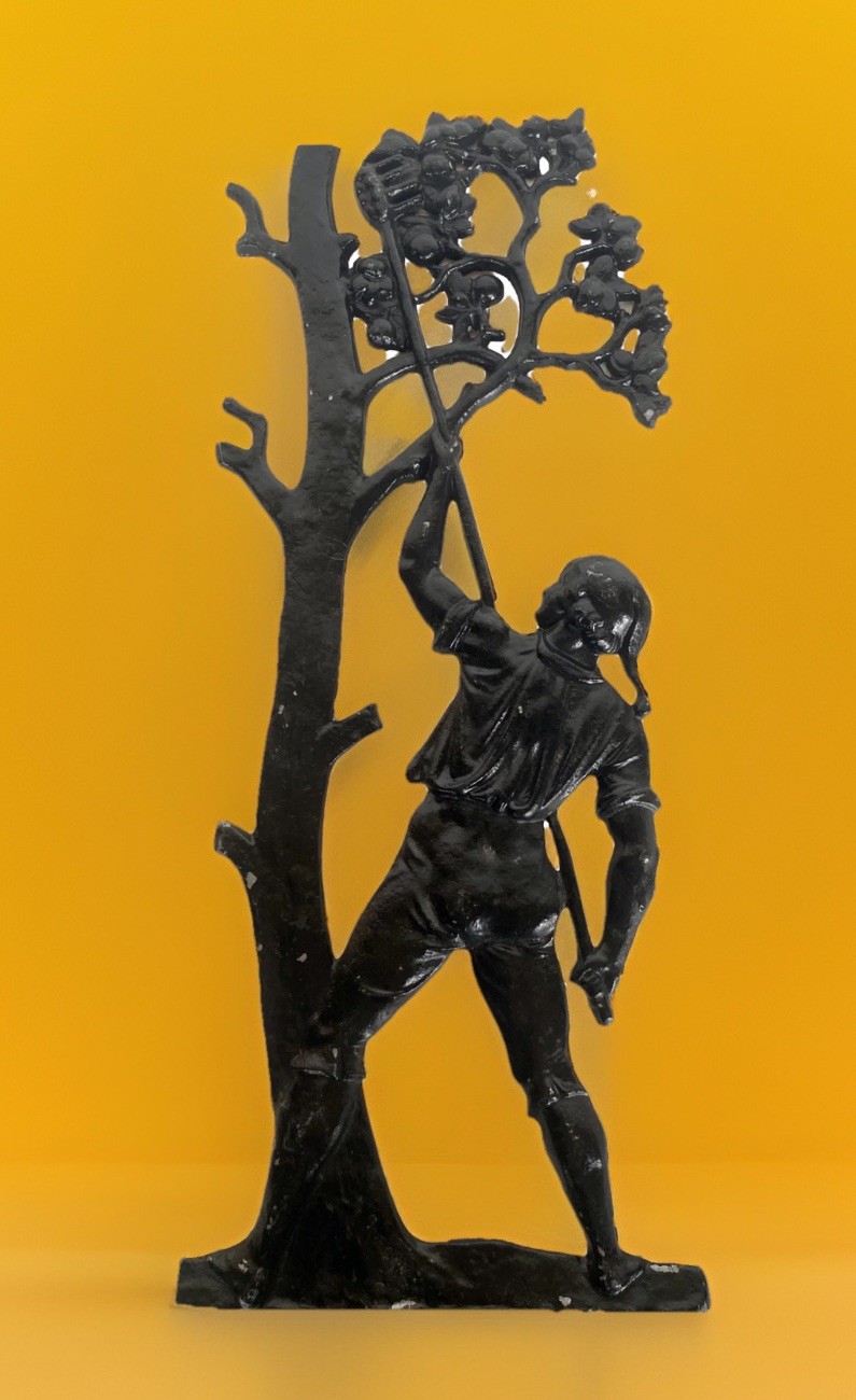 JZH 1957 Vintage Black Cast Metal Silhouette of a Man Picking Fruit/Apples 17″T