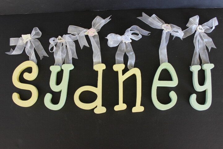 Sydney Yellow & Light Green Painted Wooden Letters with Sparkles White Ribbon