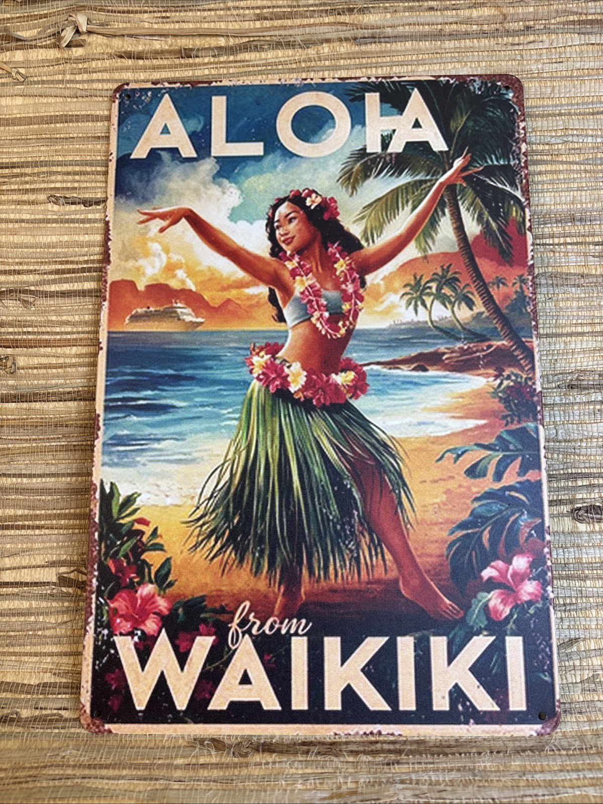 ALOHA From Waikiki Metal Tin Sign 12″ x 8″ Vintage Style Tiki Bar Hula Girl New