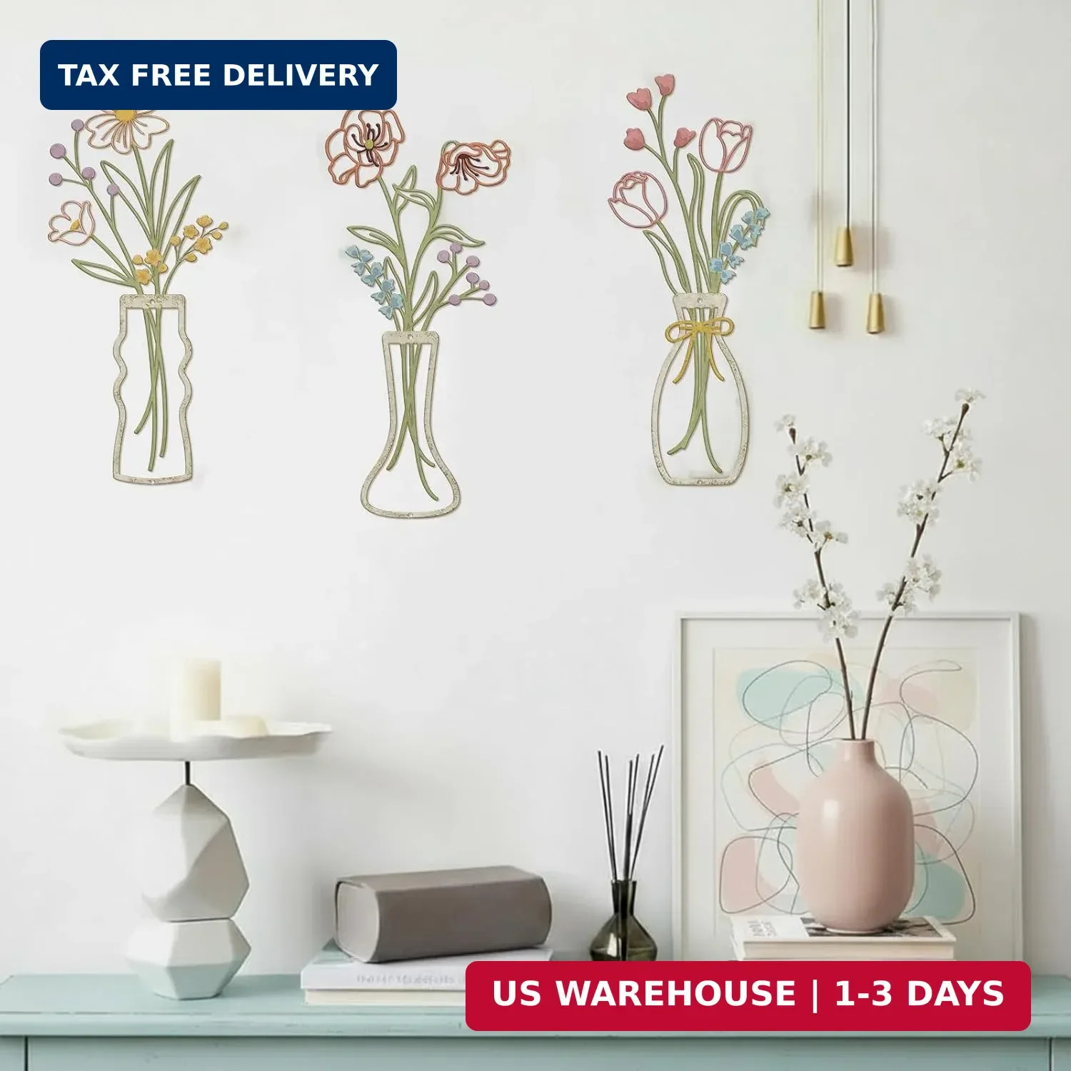 Frienda 3 Pcs Metal Floral Wall Art Flowers Bathroom Decor Boho Floral Wall Hang