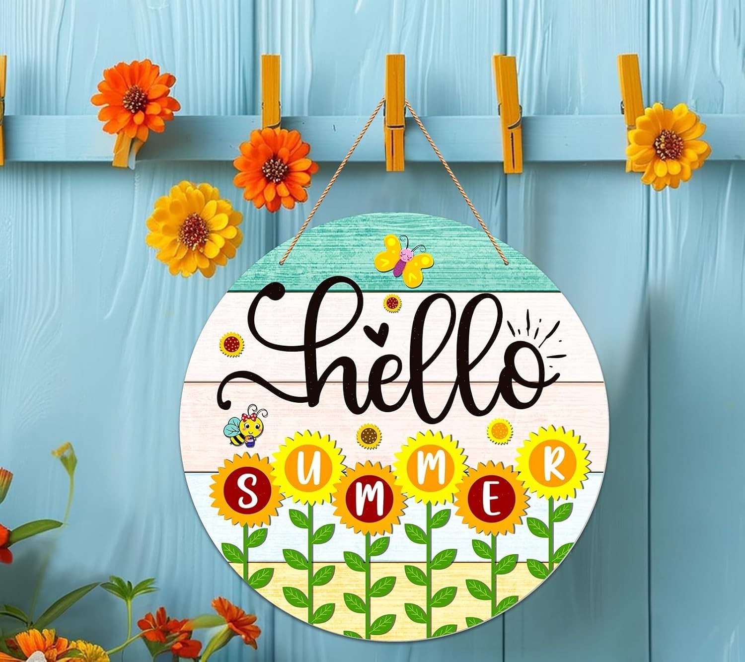 Farmhouse Sunflower Hello Summer Sign – Lightweight 11.5″ Front Door Decor