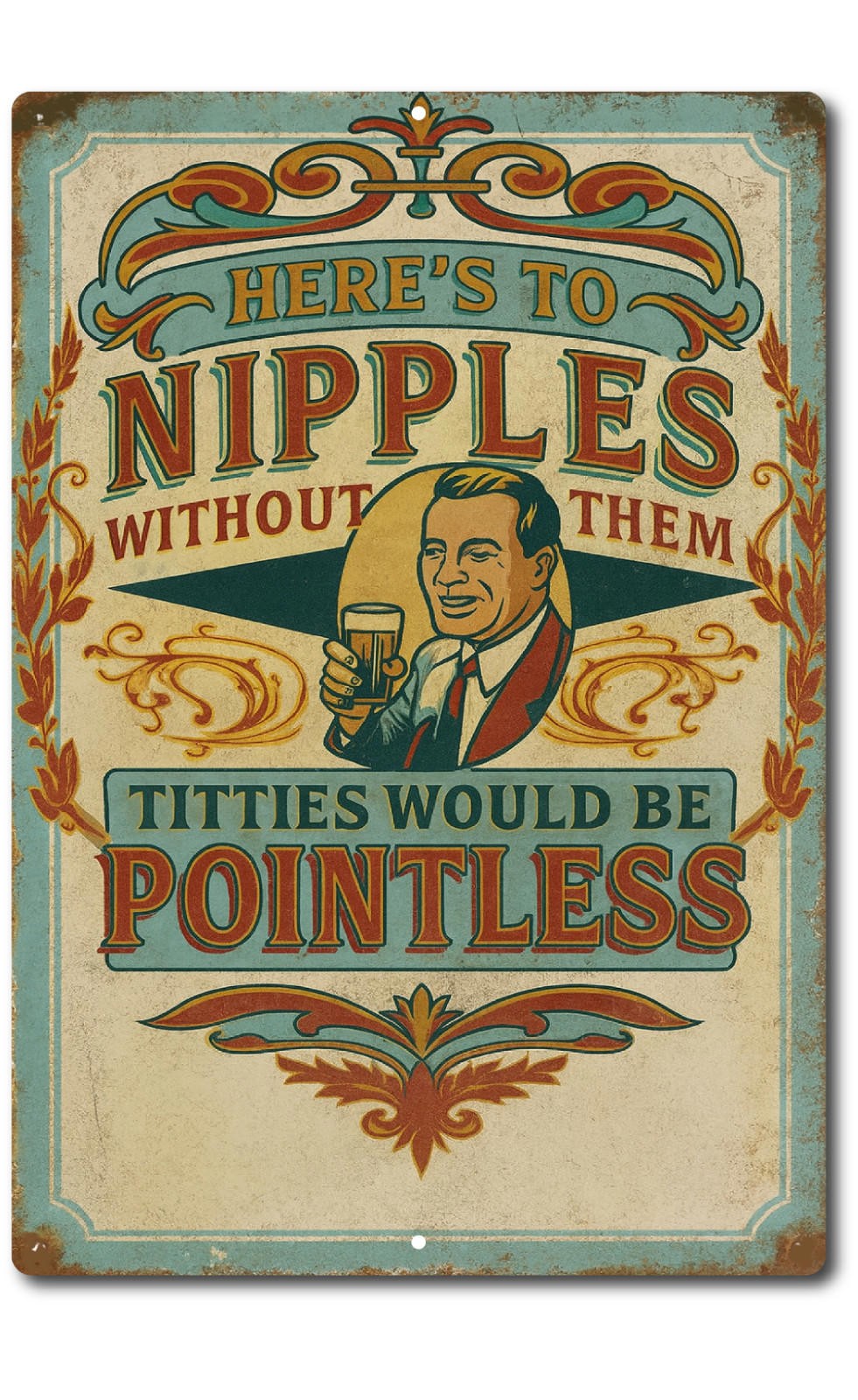 Funny Retro Tin Sign 8×12 – Here’s to Nipples Humor Wall Decor Man Cave Gift