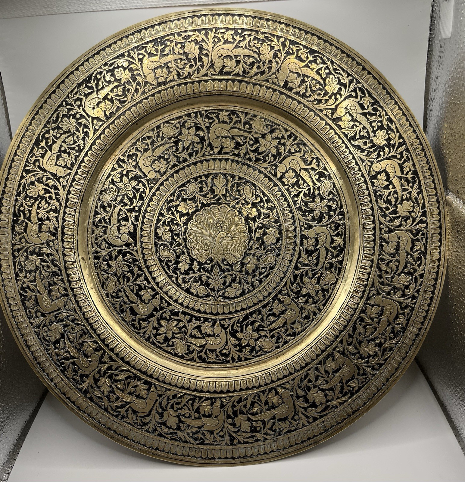 Vintage Hand Engraved Brass Peacock Wall Charger Tray 12” India Decor