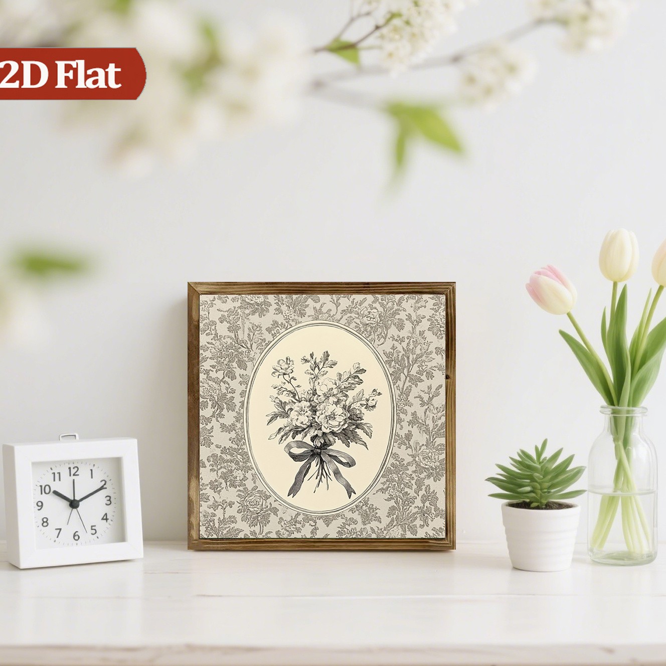 French Vintage Sketch Ribbon Bouquet Wooden Sign Gray Toile Floral Home Decor