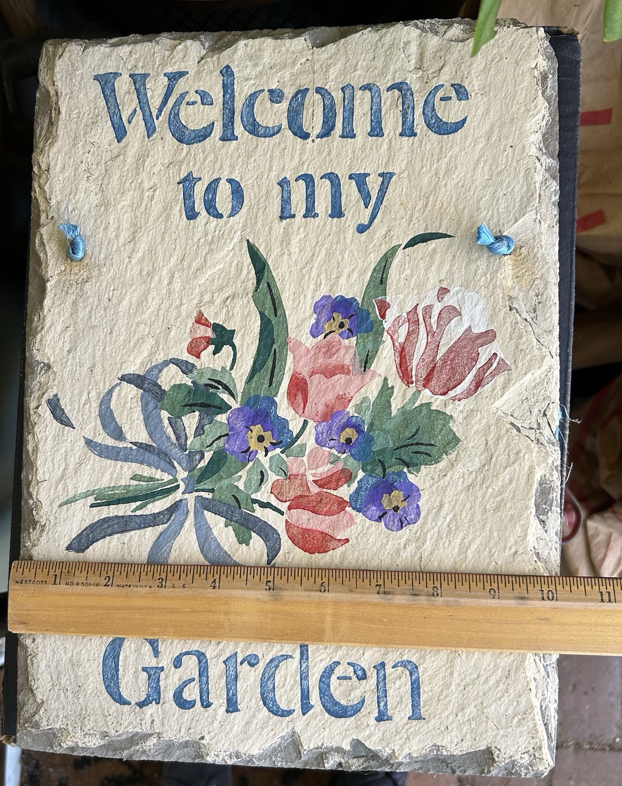 Spring! “Welcome to My Garden” Slate Sign Handpainted Pastels Flowers
