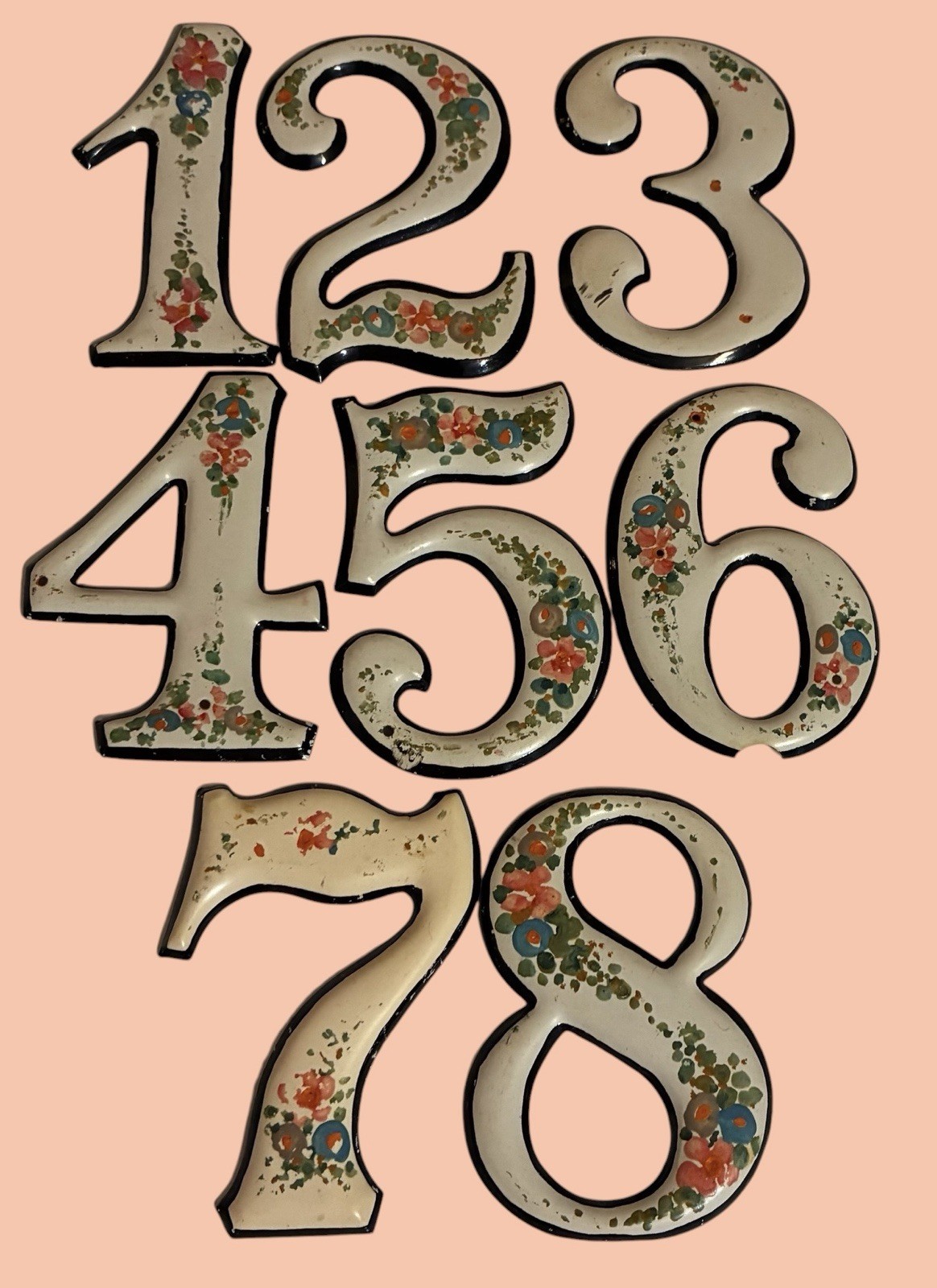 Vintage Handpainted Thin Plastic Numbers 1 2 3 4 5 6 7 8 French Decor 3 “ Floral
