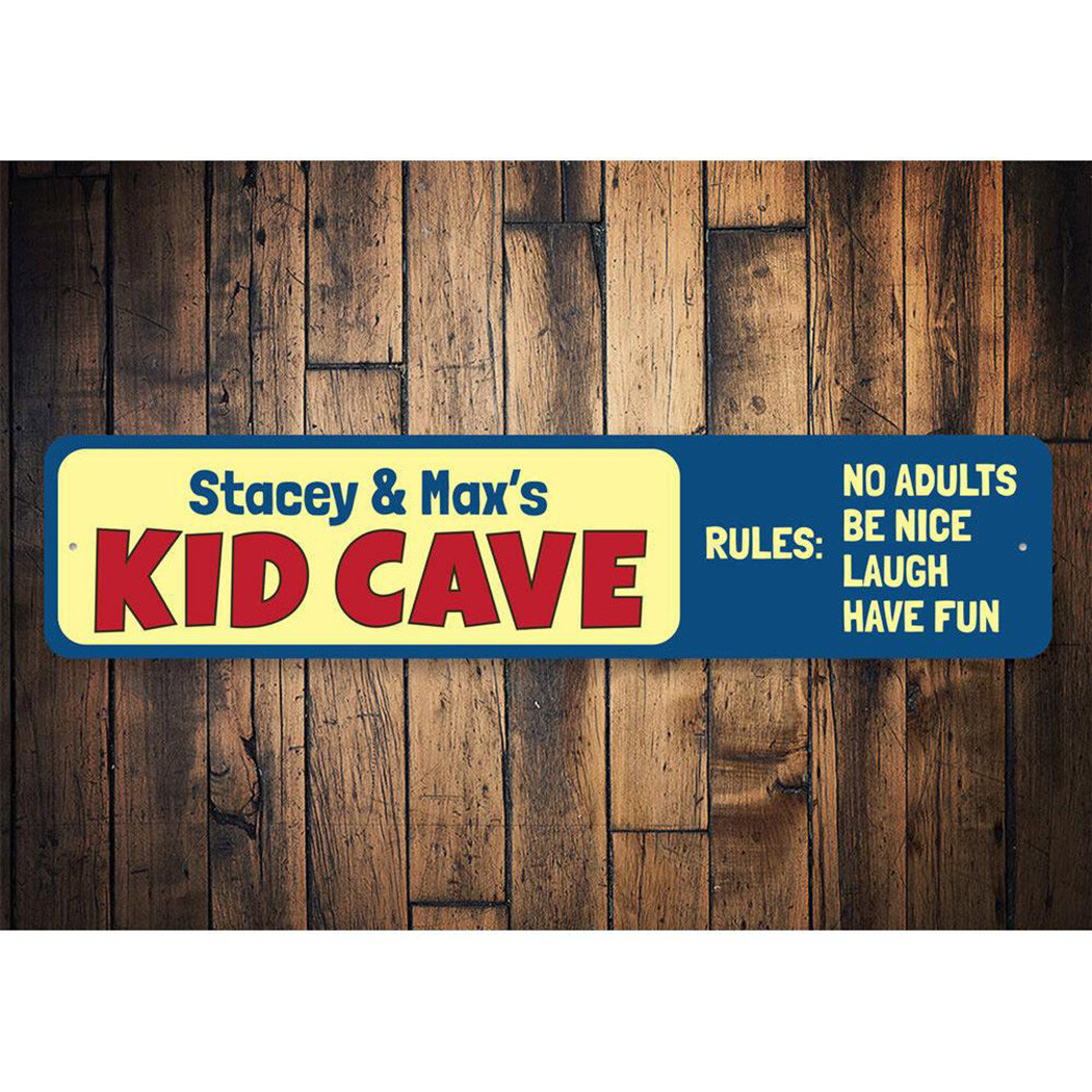 Kid Cave Rules Sign, Custom Kid Name Playroom Sign, No Adults Be – Aluminum