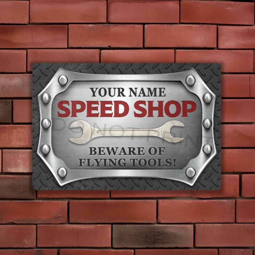 Personalized Gray Diamond Plate Speed Shop sign METAL SIGN or DECAL