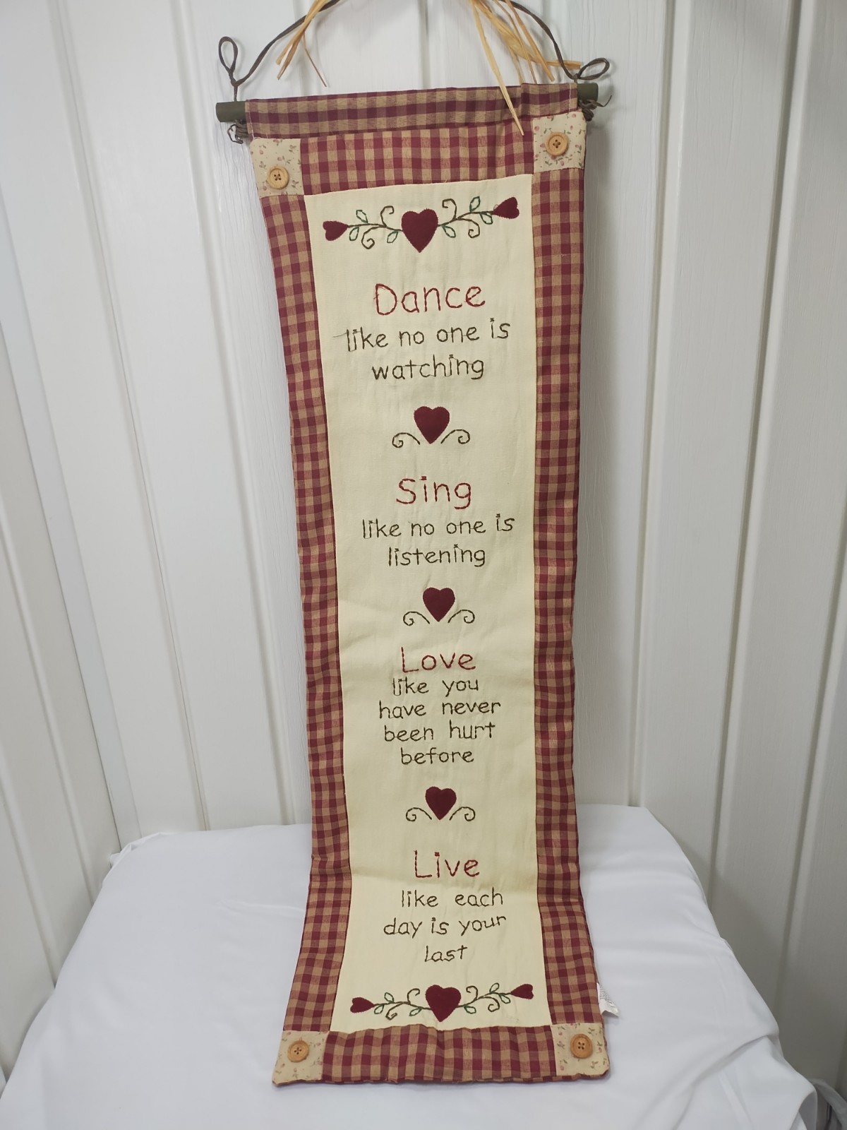 Vtg Sign Farm Clothe Wall Hanger Country Cottage Americana Checkerboard 43″X11″