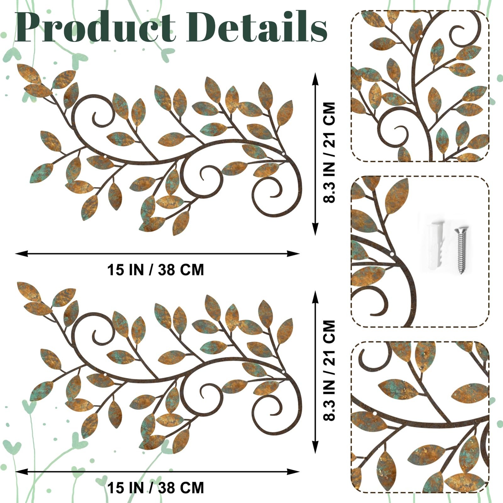 ESTART 2 Pieces Metal Tree Leaf Wall Decor Vine Olive Branch Leaf Wall Art Ornam
