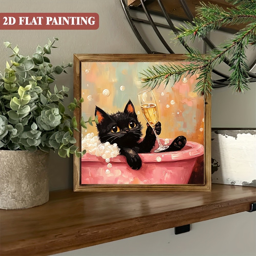 2D Whimsical Wooden Sign Black Cat Bathtub Art for Room Porch Cafe Bar Decor