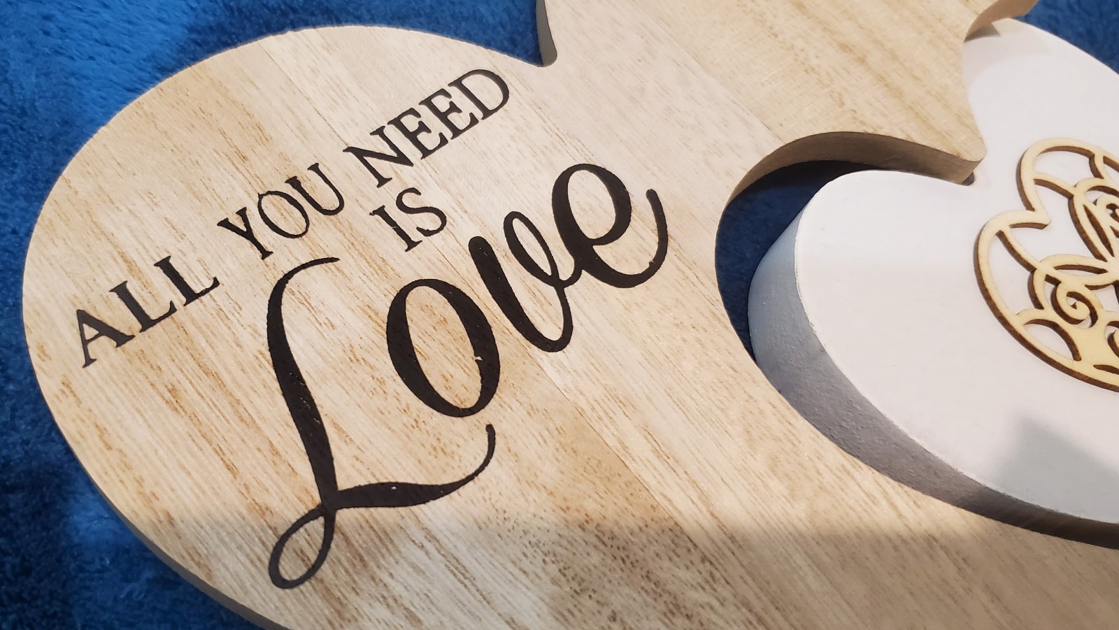 ALL YOU NEED IS LOVE – white and natural standing hearts tabletop or shelf decor