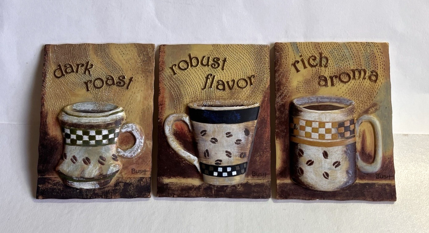 Coffee Cup Robust Flavor Rich Aroma Dark Roast 3D Wall Hanging Plaques Set of 3