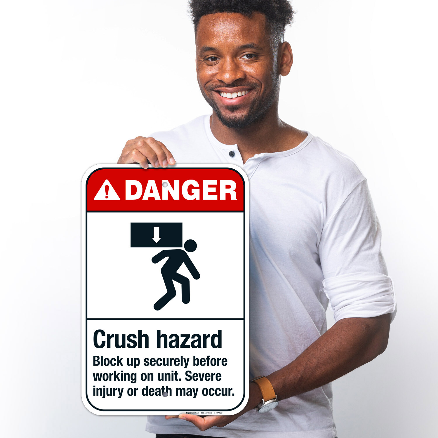 Crush Hazard Block Up Securely Before Working On Unit Sign, ANSI Danger Sign,