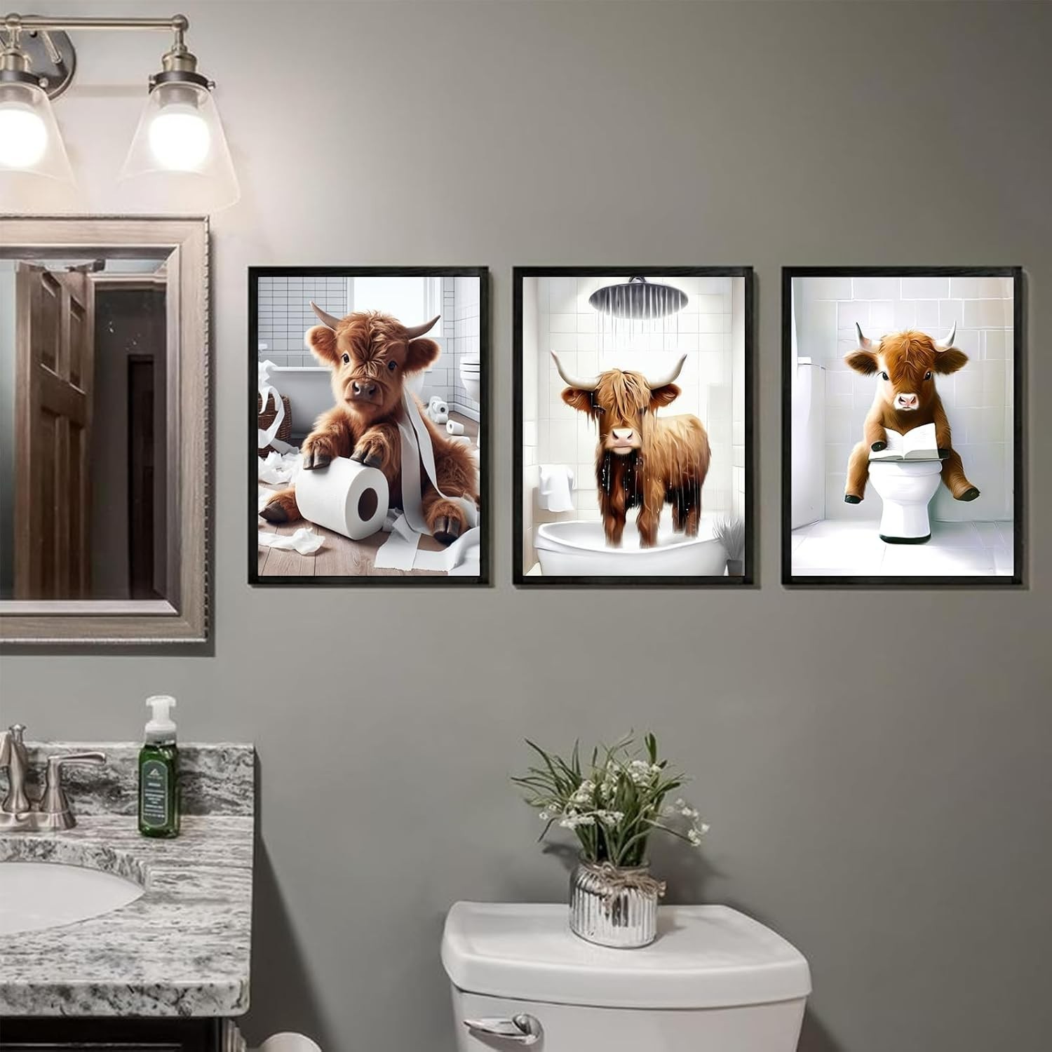Humorous Highland Cow Bathroom Wall Art – 4 Unframed 8×10 Gold Standards