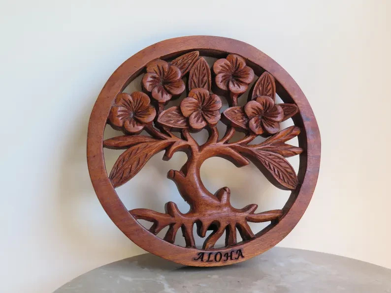 Hawaii Hand Made Solid Wood Polynesian 8″ Tree of Life Engraved Carving