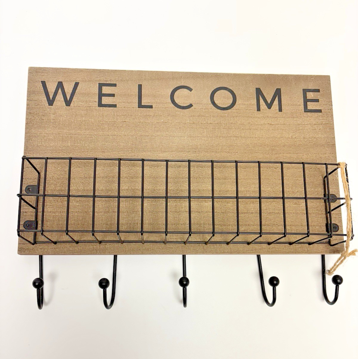 WELCOME HOME DECOR WITH HOOKS- BLACK AND TAN NEW
