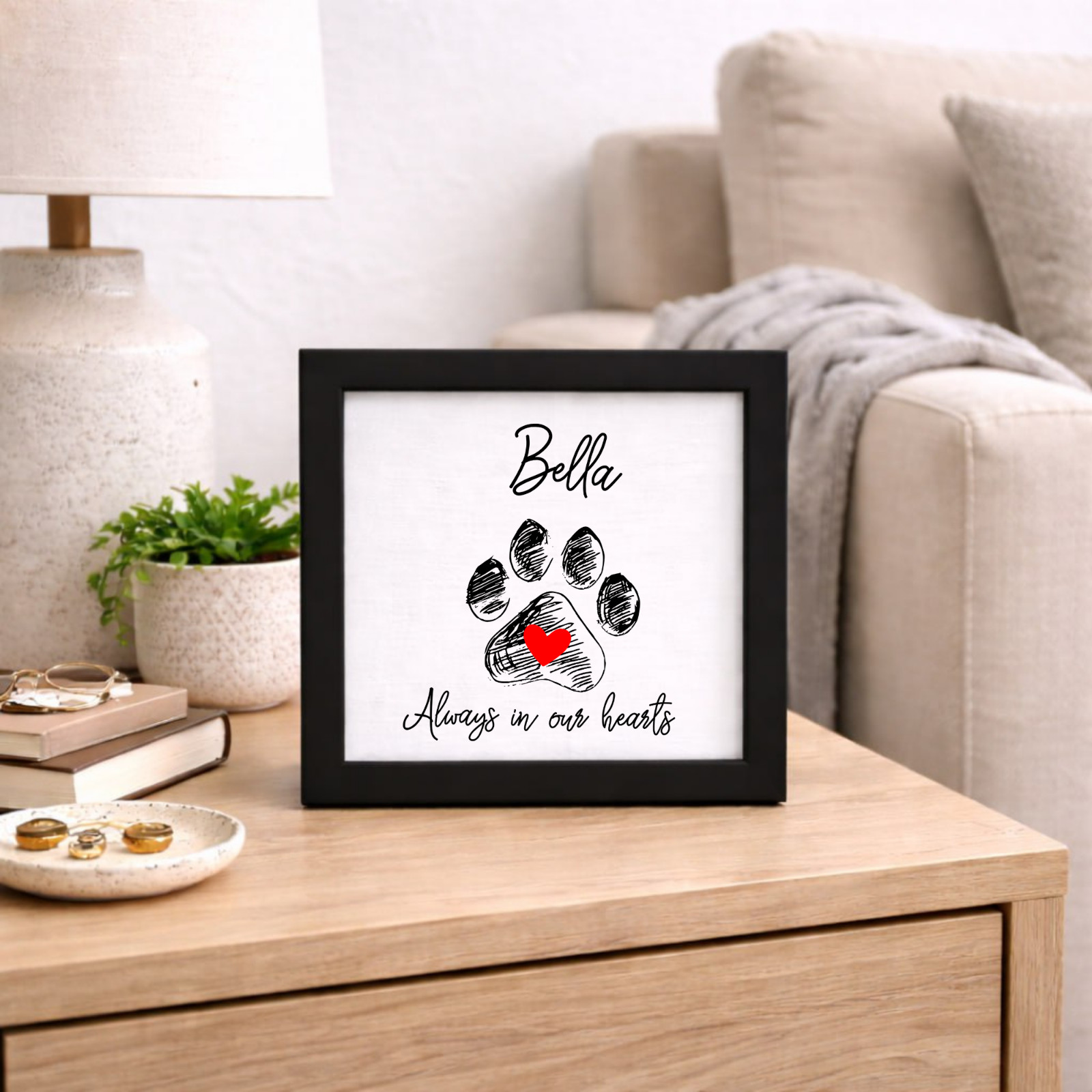 Personalized Dog Paw Memorial Sign Laser Engraved Pet Loss Gift on Wood in Frame