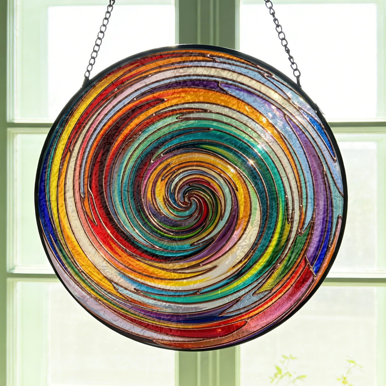 Abstract Rainbow Spiral Stained Glass Art Suncatcher Sun Lover Gift
