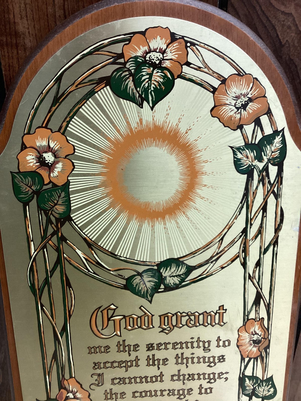 Vintage Serenity Prayer Wall Plaque Gold Arch Floral Metal Wood Christian Decor