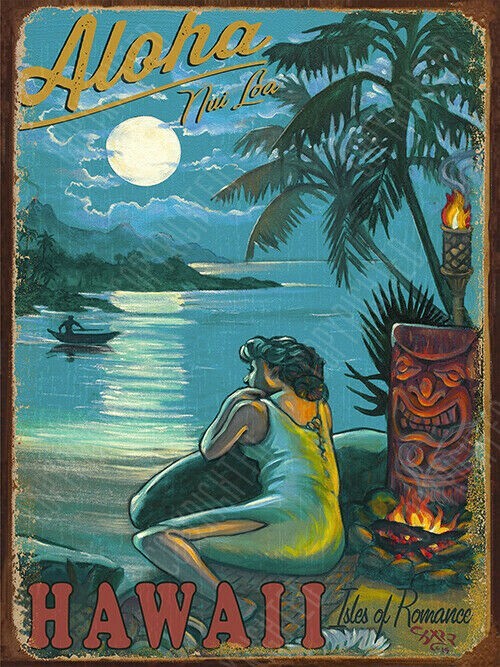 Aloha isles of romance Hawaii metal sign beach bungalow home decor