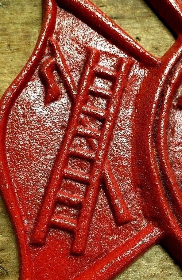 Red Fireman Plaque Maltese Firefighter Cross, cast iron sign 8 x 9 inches RED