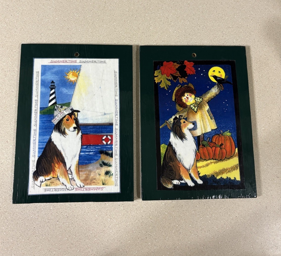 Vtg Wooden Welcome Sign Interchangeable Pictures 4 Signs Border Collie Dog Cute