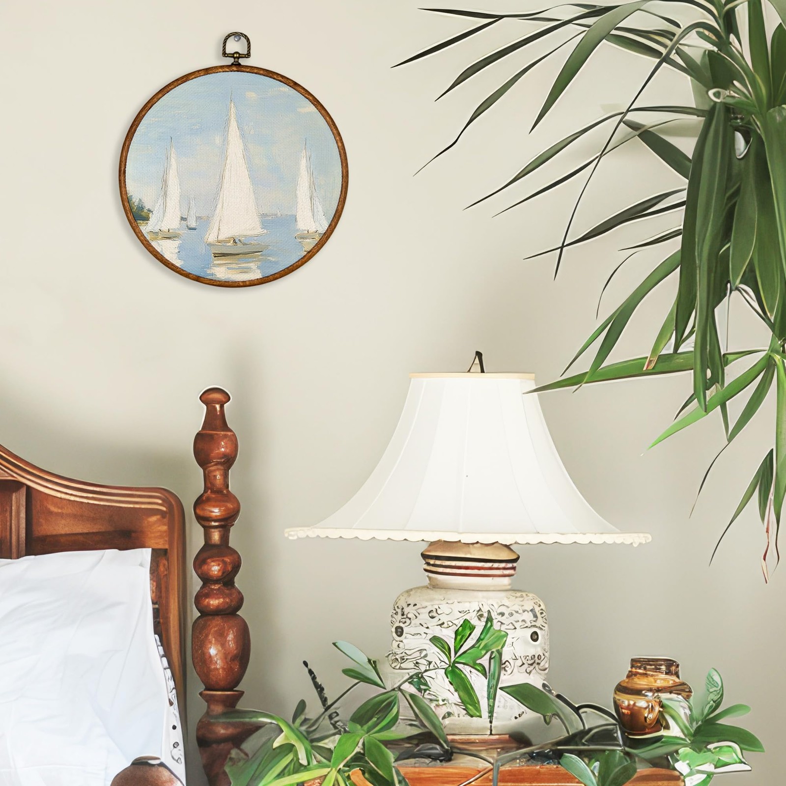 Vintage Sailboat Round Wall Art Decor – Coastal Landscape Wall Art Canvas Fra…