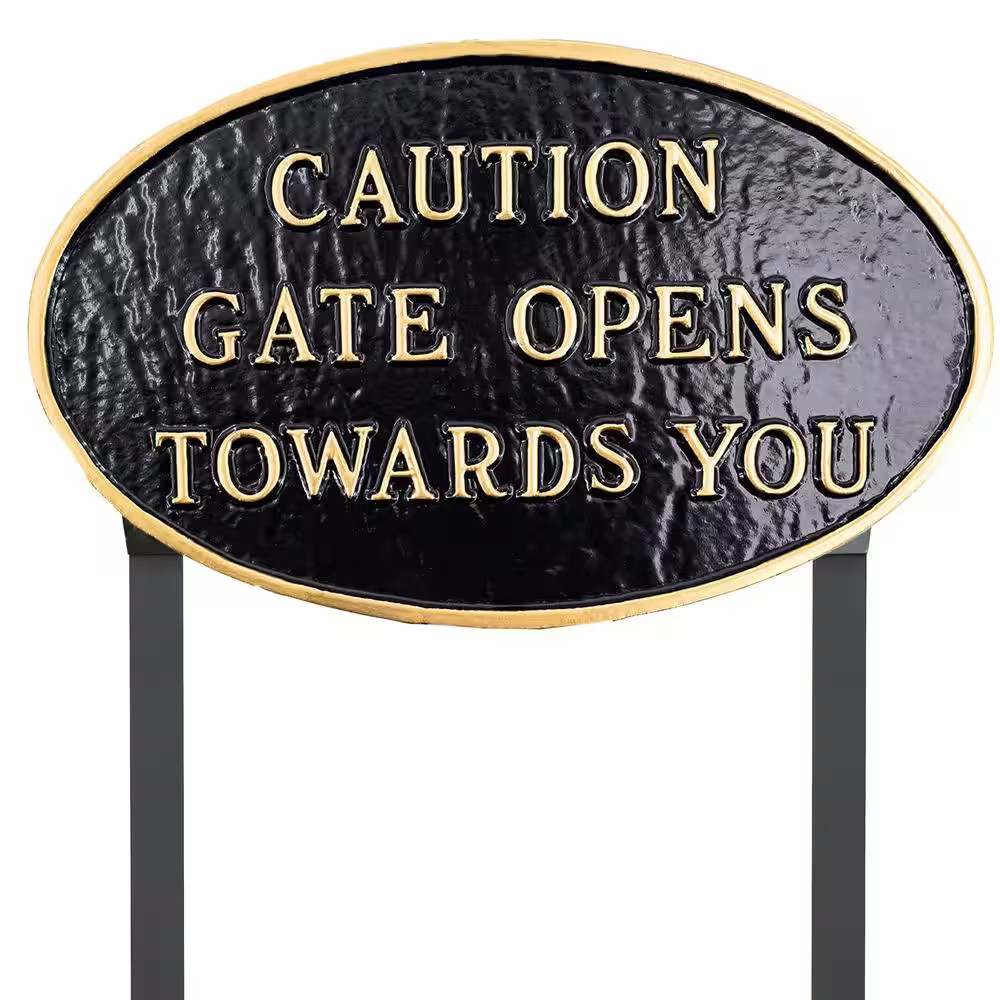 10 In. X 18 In. Large Oval Caution Gate Opens towards You Sign – Black/Gold