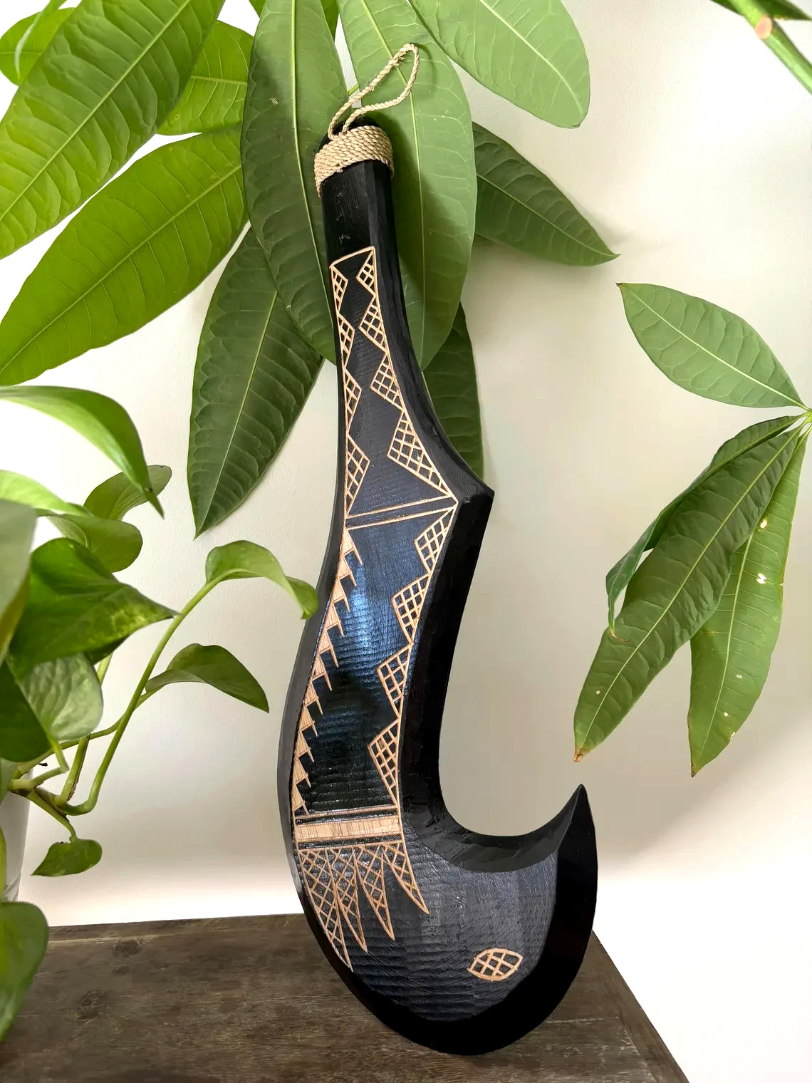 Hawaiian Engraved Hand Made Wall Decor Solid Wood Tribal Hook War Club Weapon