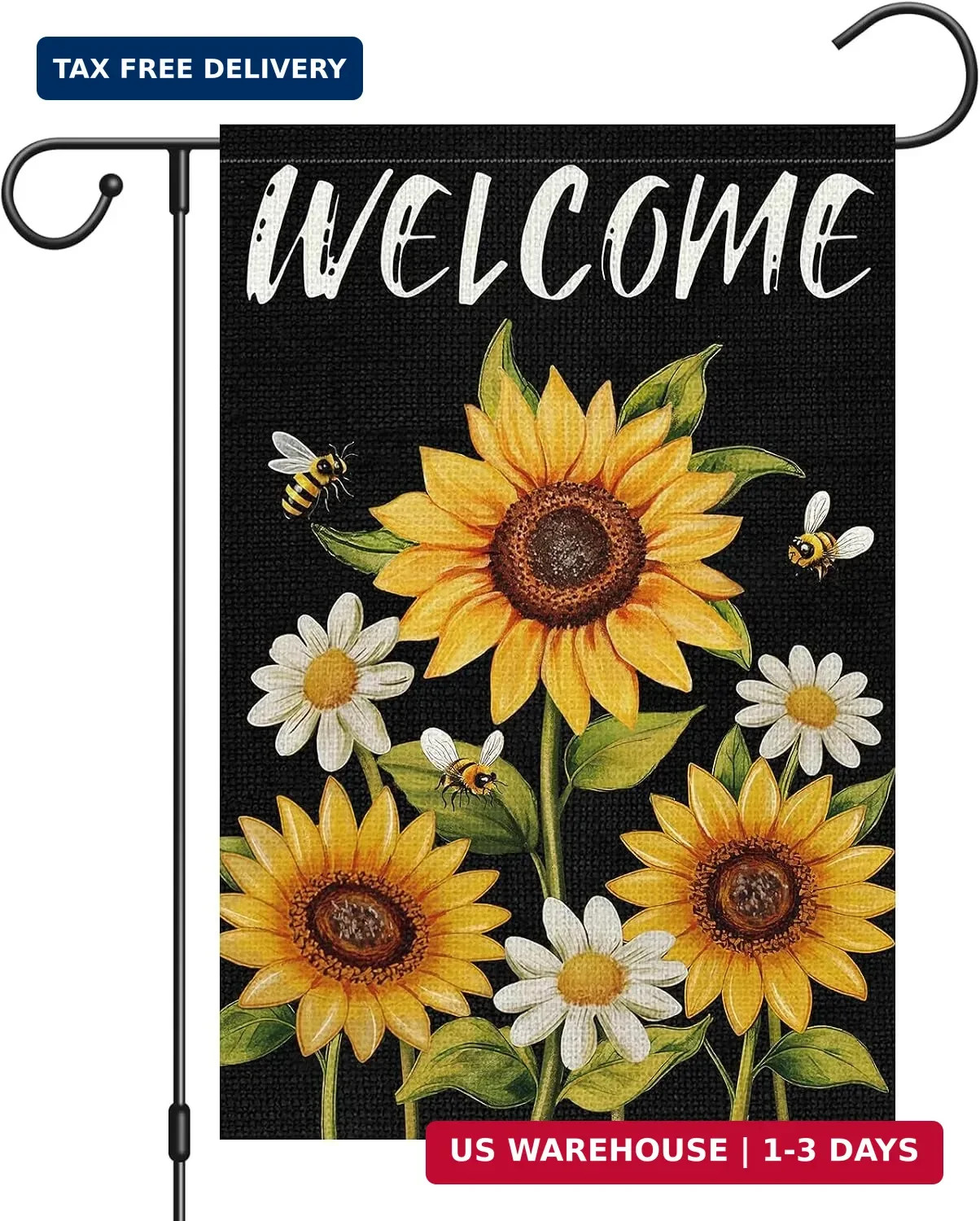 Heyfibro Spring Summer Welcome Garden Flag 12×18 Double Sided Burlap, Bee & Dais