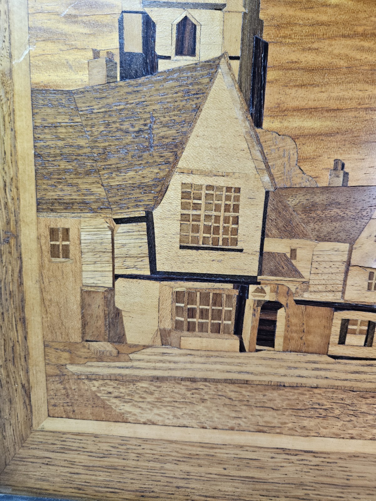 Vintage Wood Marquetry Inlay Village Scene Wall Art England Nov 1955 Framed