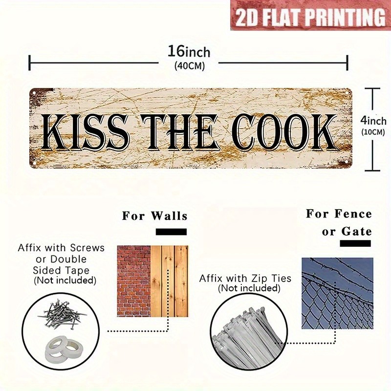 Distressed Wood Grain Kiss The Cook Metal Sign Farmhouse Kitchen BBQ Wall Decor