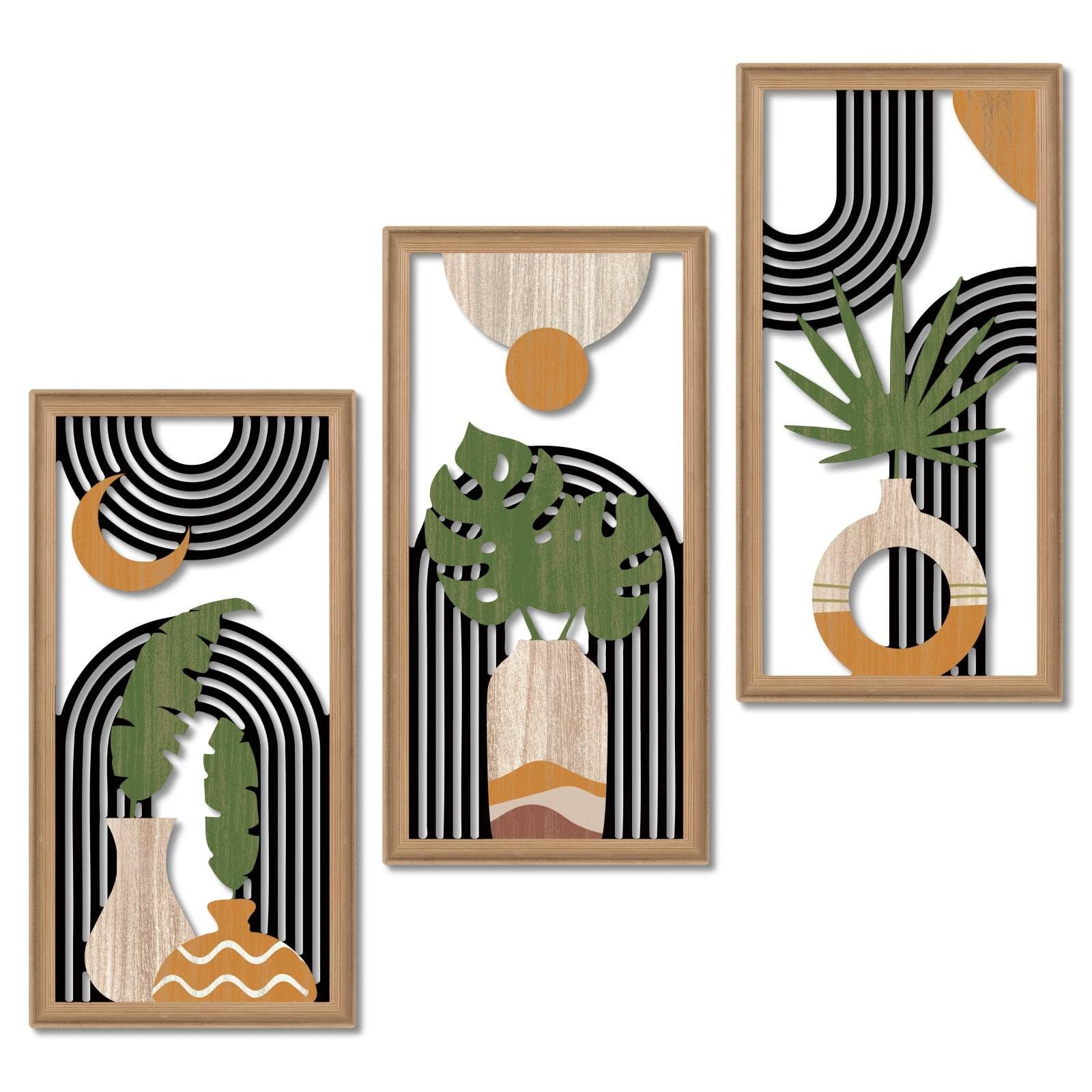 Boho Abstract Wall Art Set of 3, Modern Minimalist Wooden Wall Decor, Geometr…
