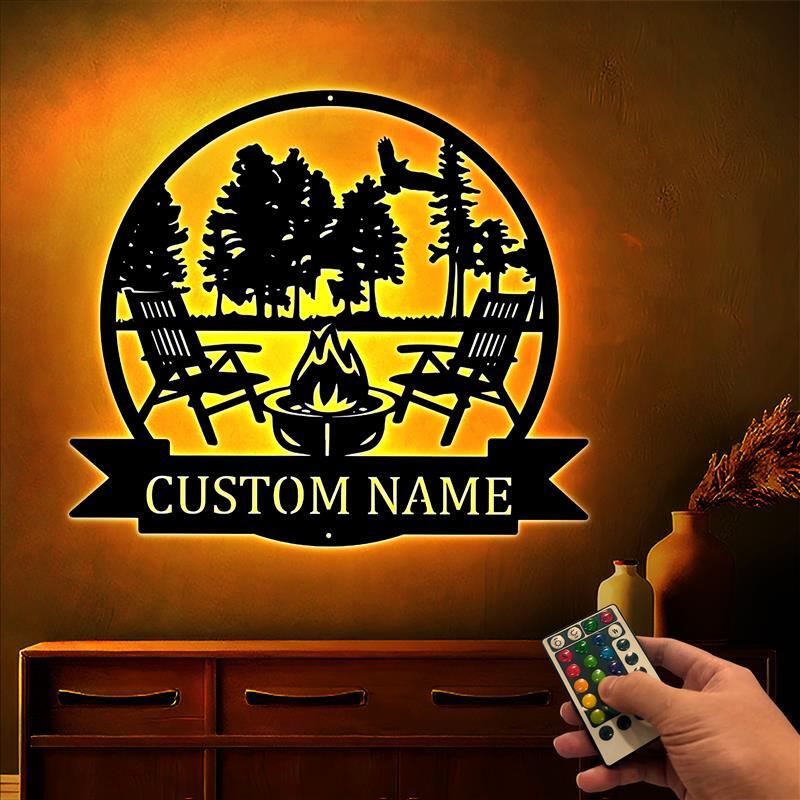 Personalized Fire Pit Metal Wall Art With LED Light, Custom Camping Name Art