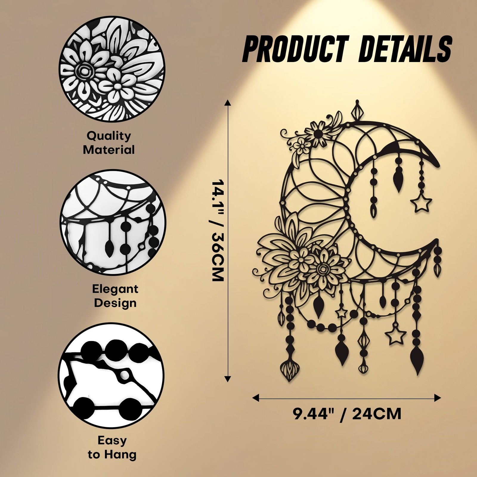 Matte Black Moon Phase Wall Decor–Elegant Metal Moon Wall Art with Floral & H…