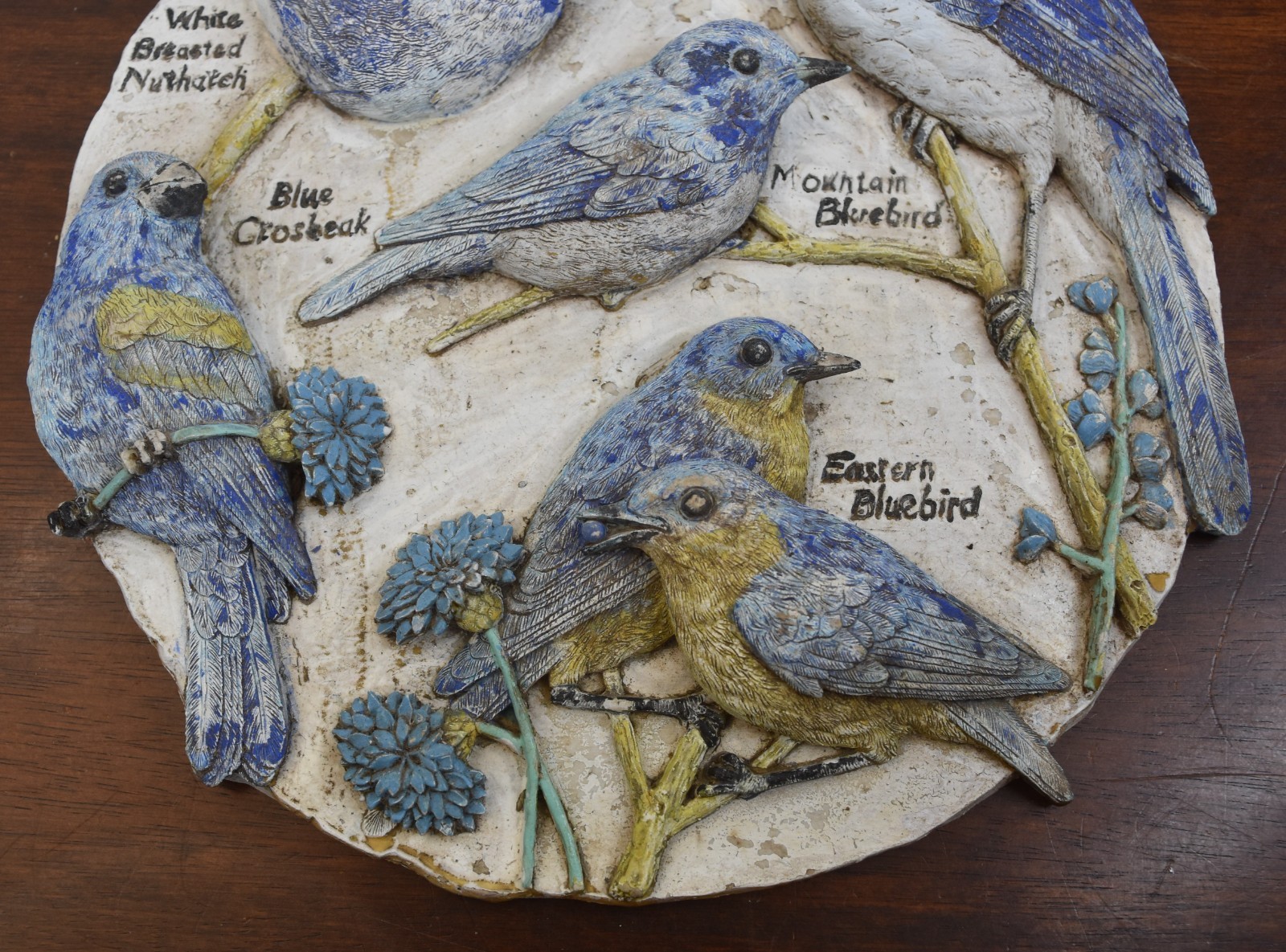 Vtg Garden 3D Hanging Wall Art Plaque Bluebirds HEAVY Indoor/Outdoor 11″ Diam