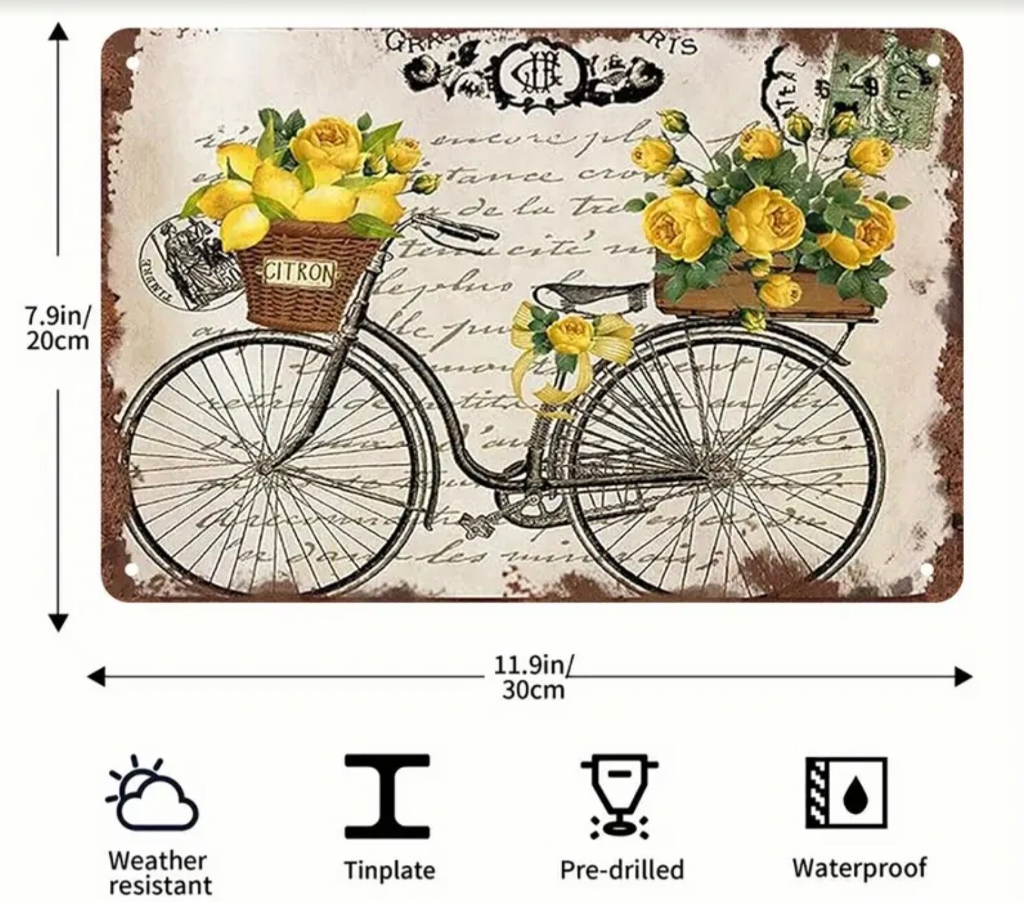 French Country Metal Sign LEMONS, ROSES AND BICYCLE 8 x 12