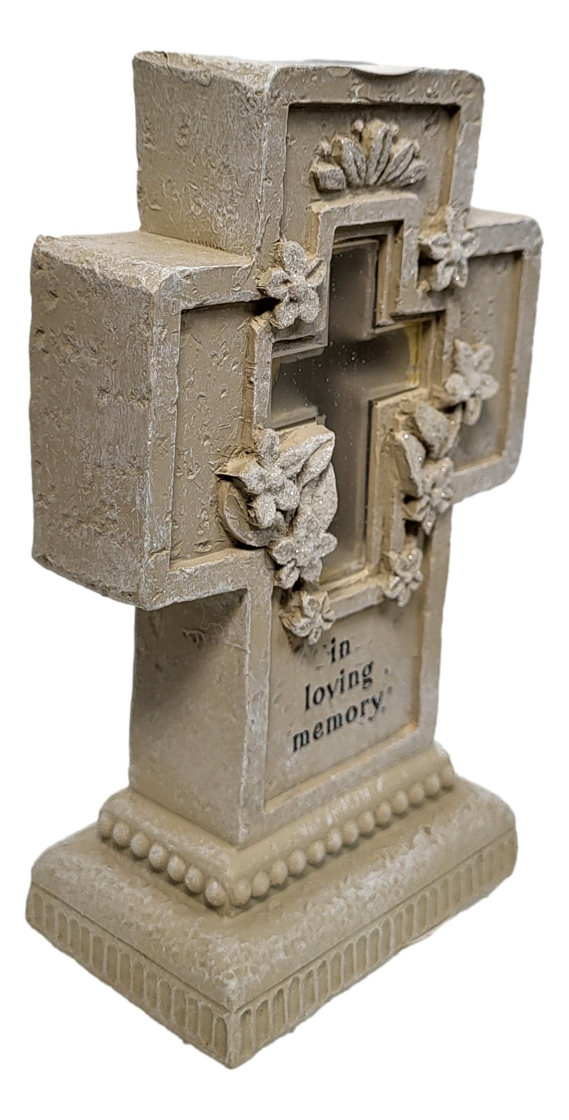 Decorative Light Up Pedestal Cross ~ In Loving Memory Stone Finish 6″