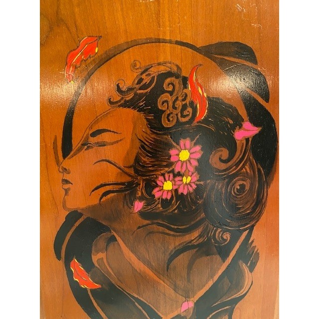 Vintage Hand Painted Wood Plaque Portrait Woman Flowers Mid Century Wall Art