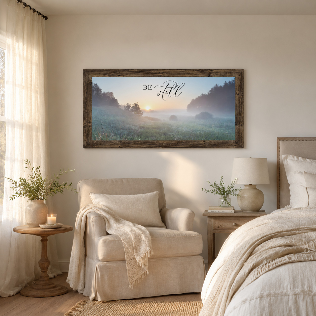 Be Still Christian Sunrise Framed Wall Art Wide Landscape Decor | Multiple Sizes