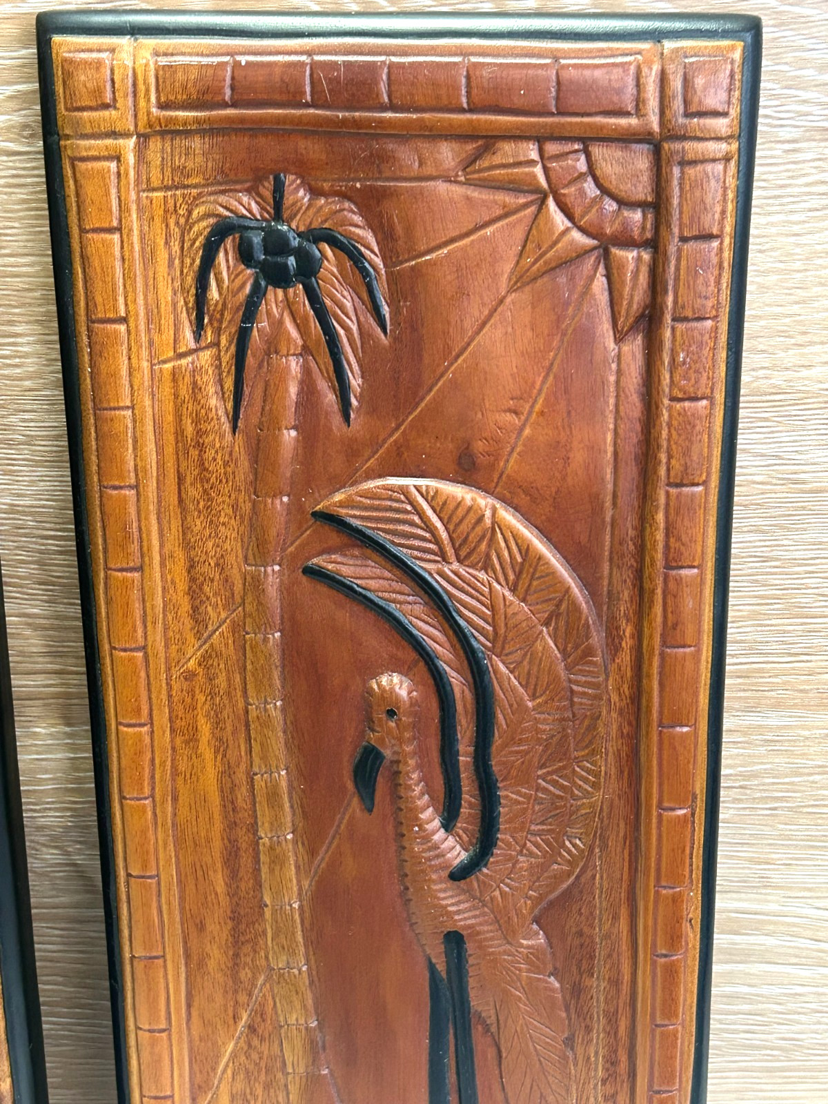 Vintage Hand Carved Wooden Relief Wall Plaques Tropical Birds & Palm Trees.2 Pcs