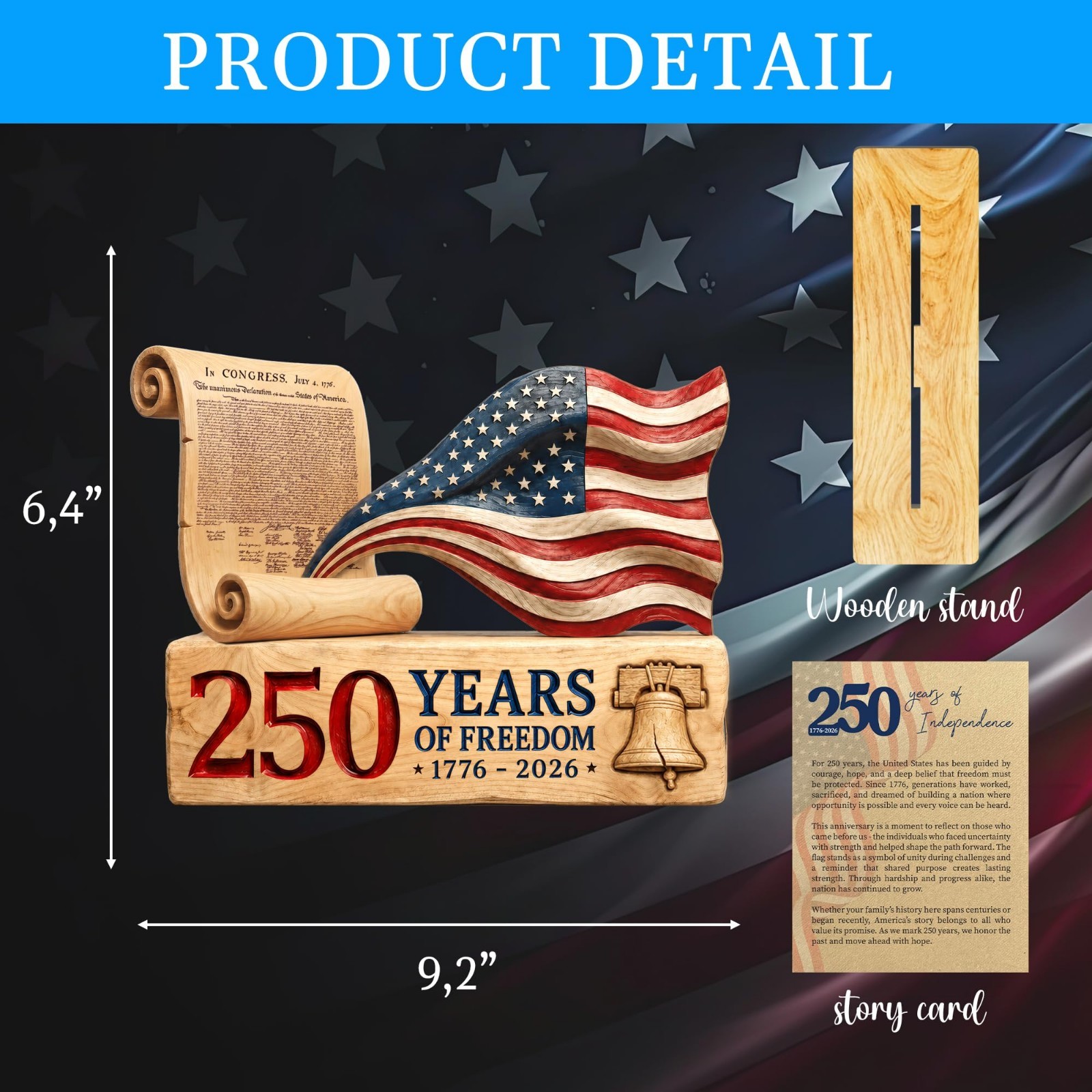 250th Anniversary USA Decorations – 9″ Wooden Sign, Patriotic 4th of July Decor,