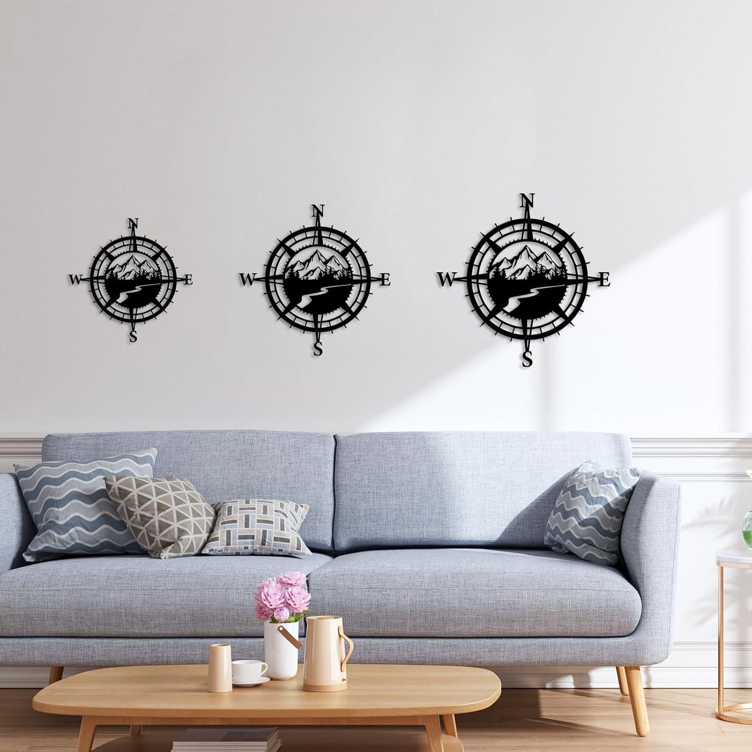 Black Metal Mountain Nautical Compass Wall Decor, Forest Décorative Indoor or…