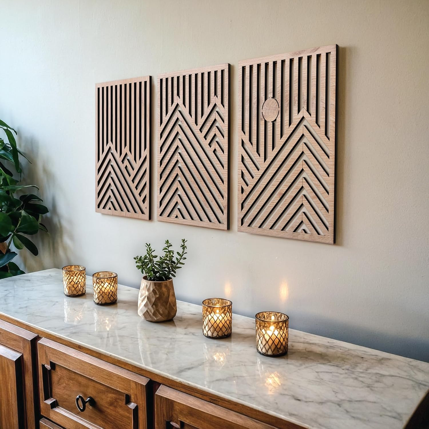 Modern Wooden Wall Sculptures – Set of 3 – Home Decor Accent – Large Wall Art fo