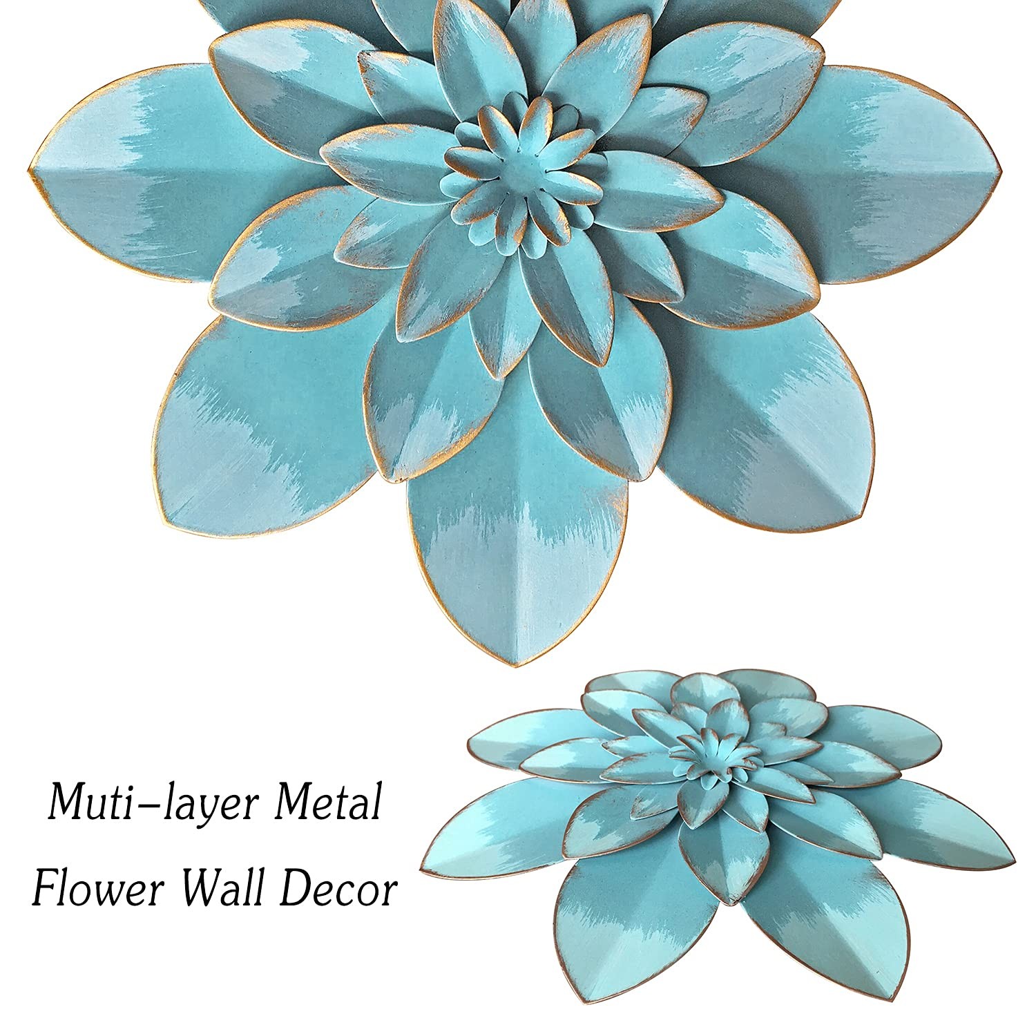 Light Sky Blue Metal Flower Wall Art Decor, 9.5“ Rustic Modern Floral Sculptu…