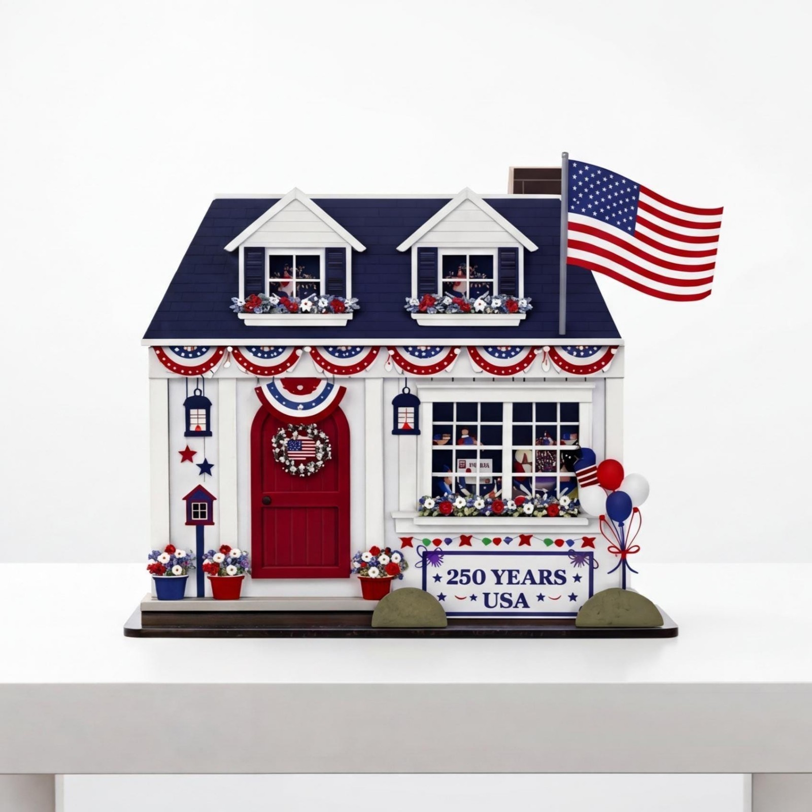 America 250 Wooden House Decor Patriotic 1776–2026 Display Red White Blue Sign