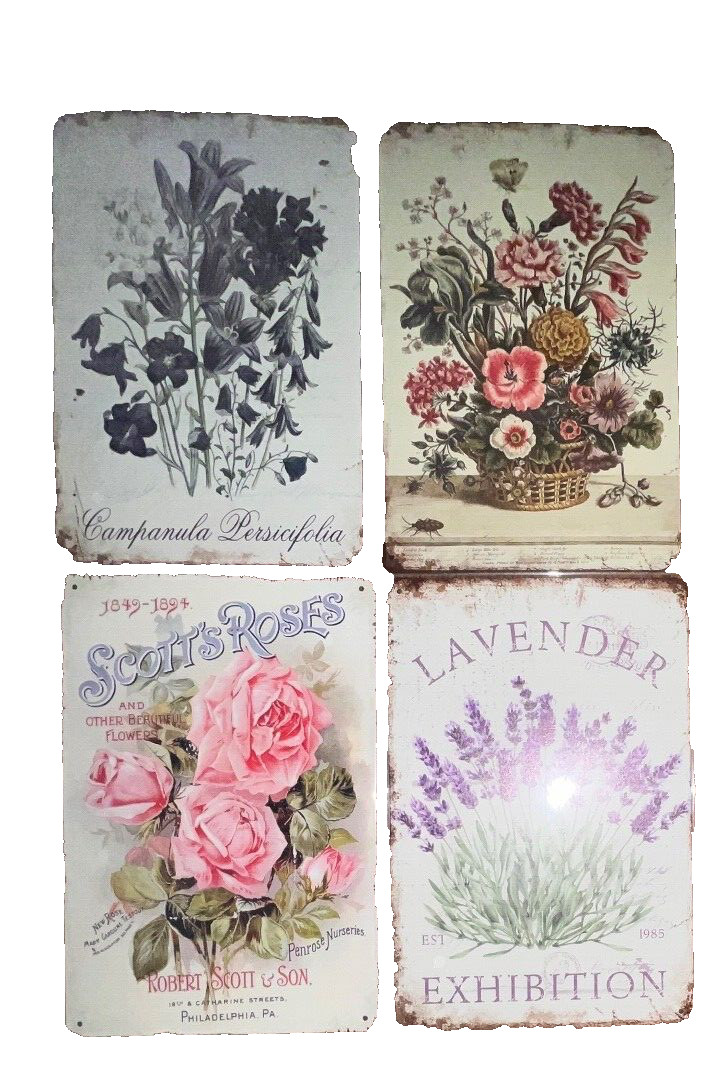 4 Piece Metal Signs 12″ x 8″ French Country Decor Garden Retro